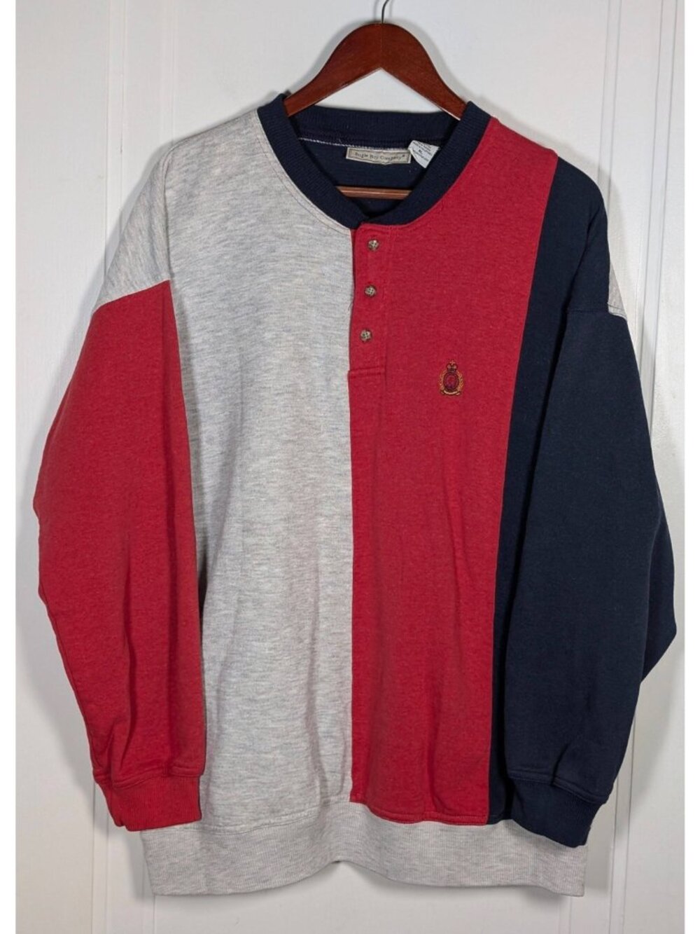 Vintage Bugle Boy Colorblock Crest Pullover Sweatshirt Mens Size XL 90s Retro